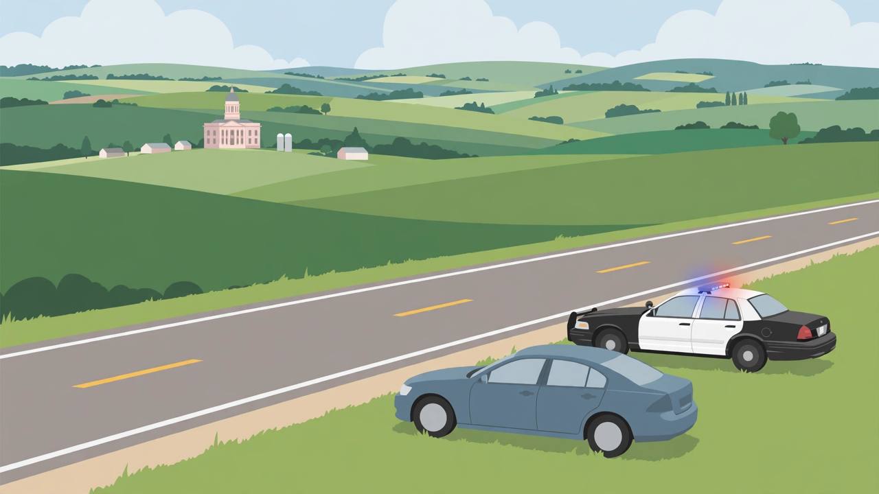 Editorial illustration of a rural Ohio state highway with a generic highway patrol car stopped behind a plain car at the roadside, rolling hills in the distance, flat style, no text, no real people