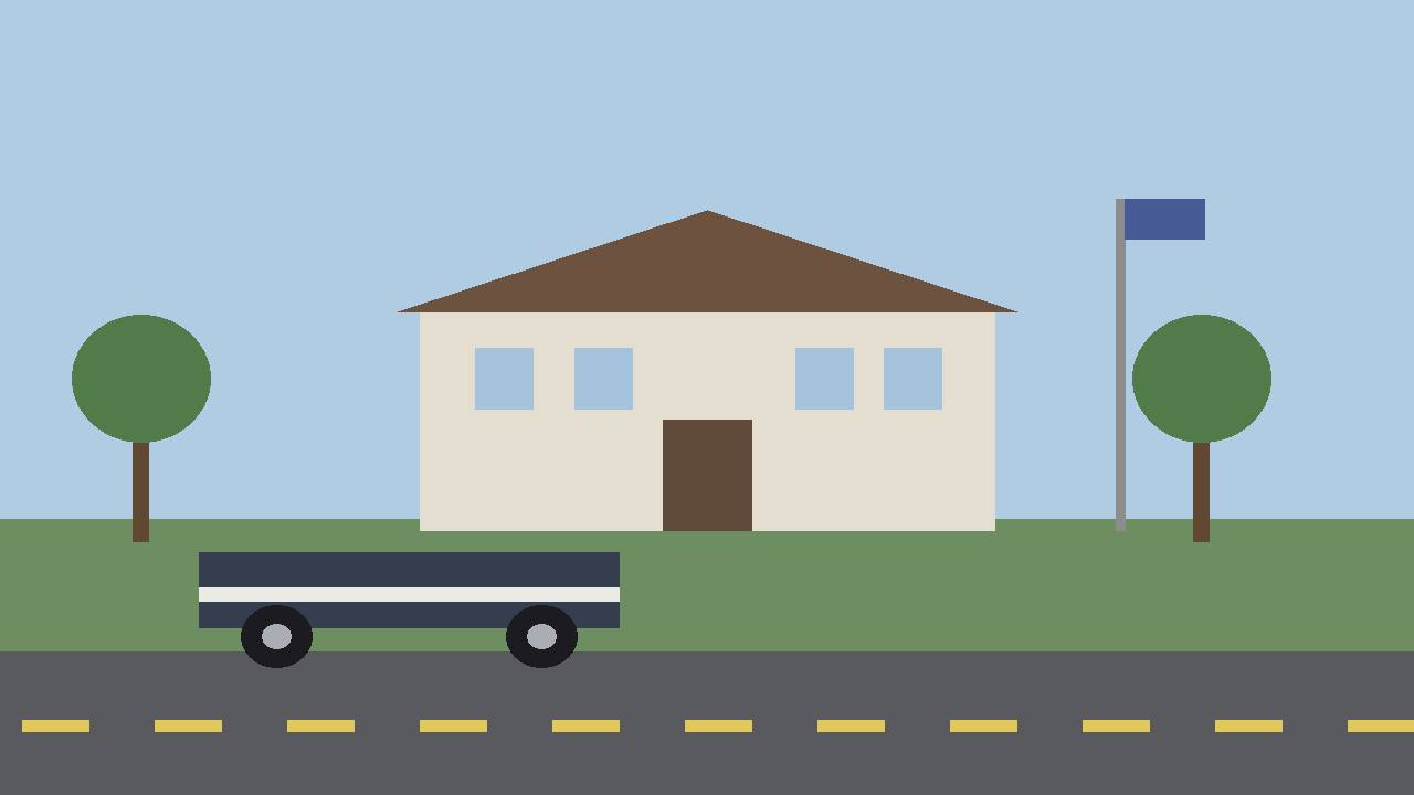 Editorial illustration of a generic highway patrol post building with a parked patrol car and trees, flat style, no crash depicted, no real person or place, no text