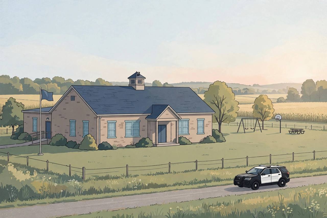 Editorial illustration of a quiet rural Ohio school building at morning with a sheriff's vehicle parked outside at a distance, flat style, no text, no people, no incident depicted