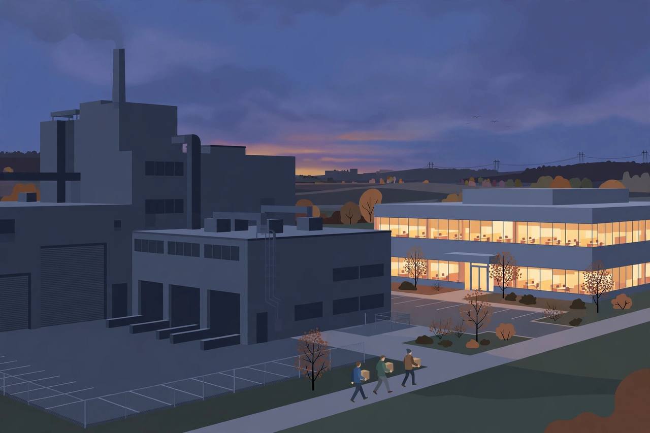 Editorial illustration of a large food factory in Ohio at dusk with generic workers leaving and a lit research building beside a dark factory; no real person is depicted