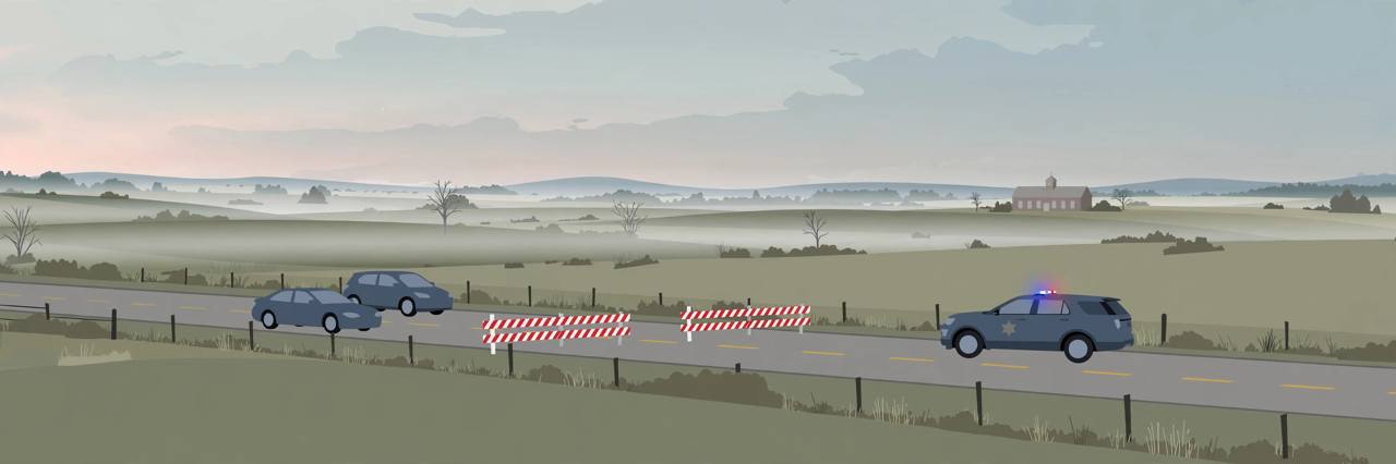 Editorial illustration of a rural Ohio road at dawn with two stopped cars, a generic sheriff vehicle and a distant school building, flat style, no real person depicted