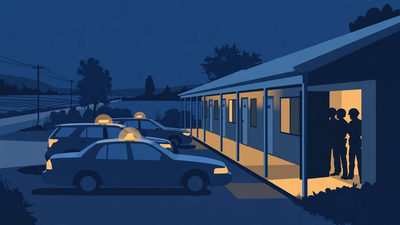 Editorial illustration of a nighttime police standoff outside a small Ohio motel, with officers in silhouette and patrol cars nearby