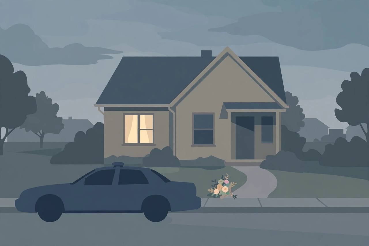 Editorial illustration of a quiet suburban Ohio house at dusk with a police car at the curb and flowers by the front path