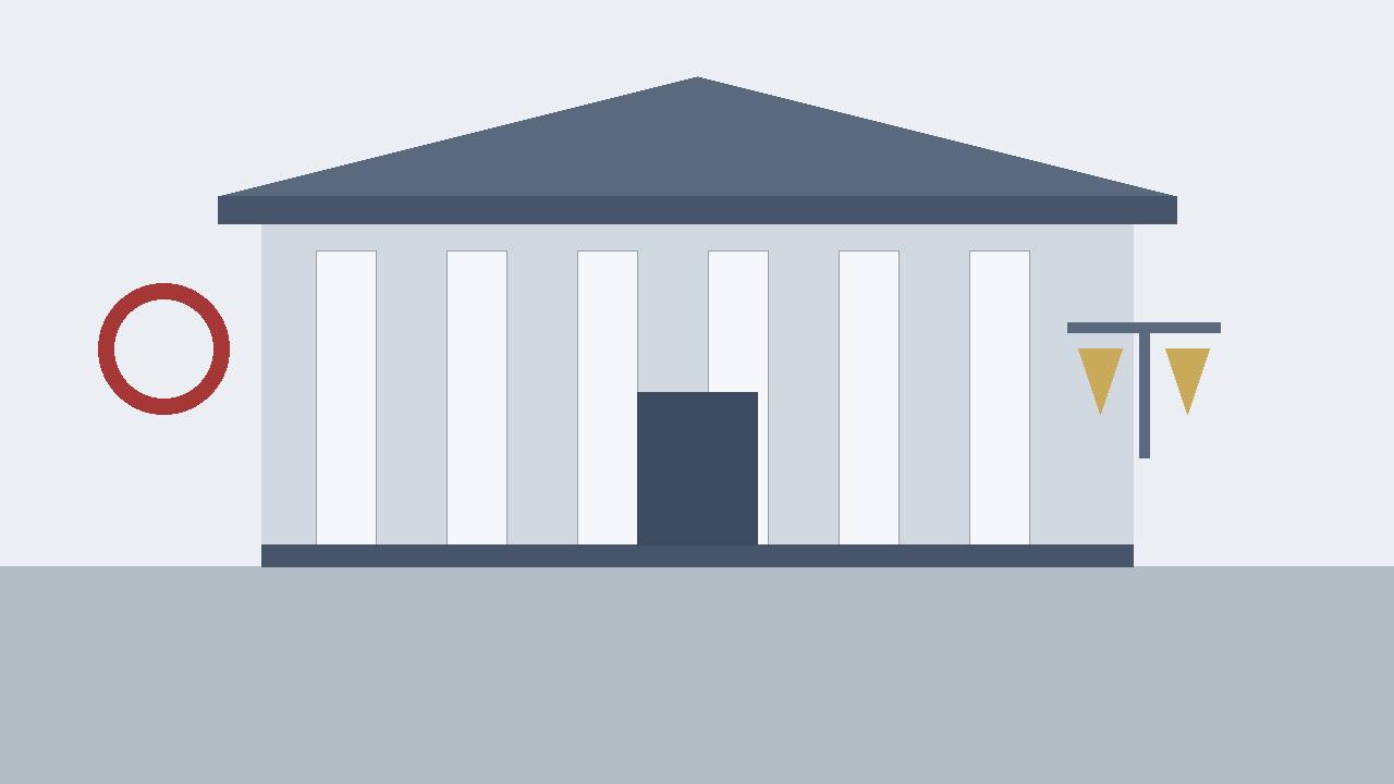 Editorial illustration of a generic courthouse facade with columns, a shield and balanced scales, flat style, no real person, place or incident depicted, no text