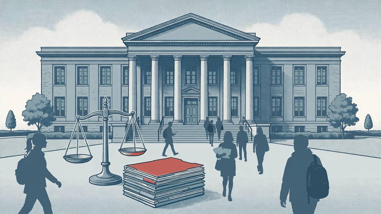 Editorial illustration of a generic medical school building with a scale of justice and application folders, flat style, no text, no real person depicted