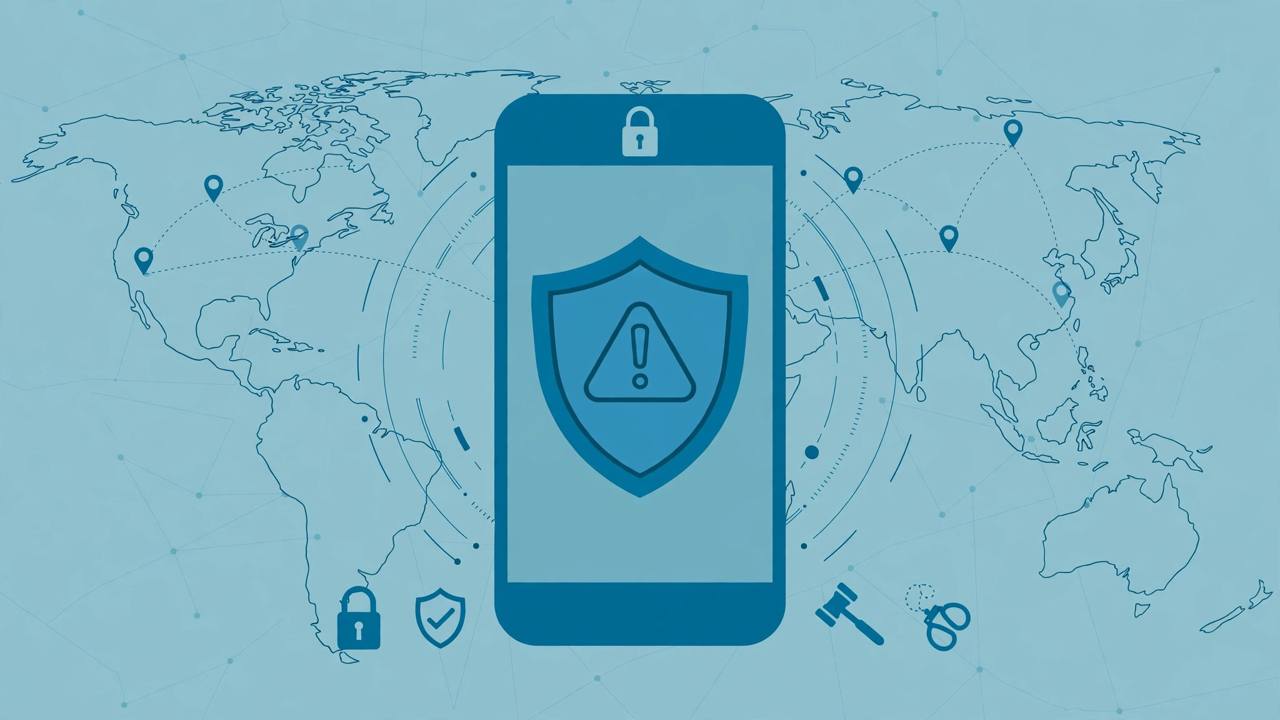 Editorial illustration of a generic smartphone with a shield symbol and a world map outline — flat style, no people depicted