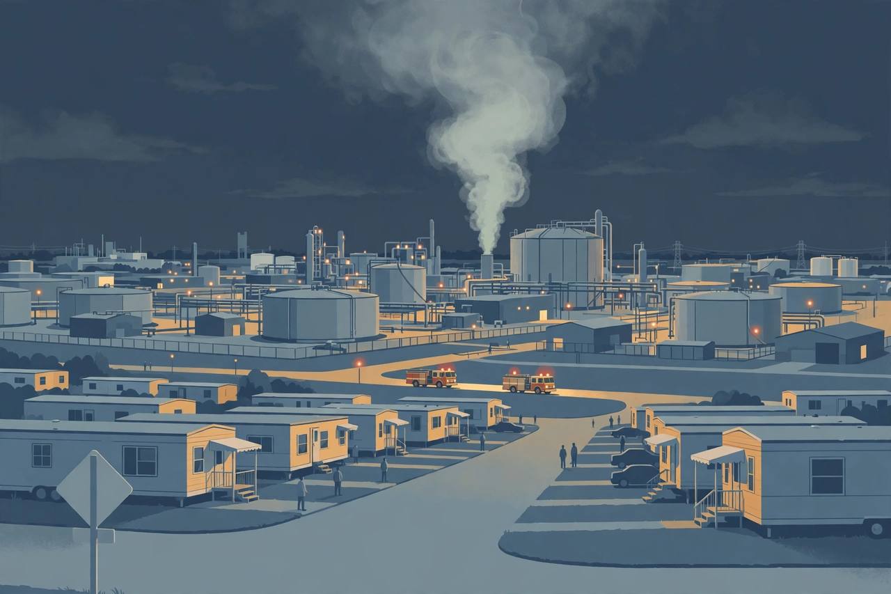 Editorial illustration of a nighttime industrial tank terminal with a pale vapour plume, fire trucks at a distance and an evacuated residential street in North Toledo, Ohio