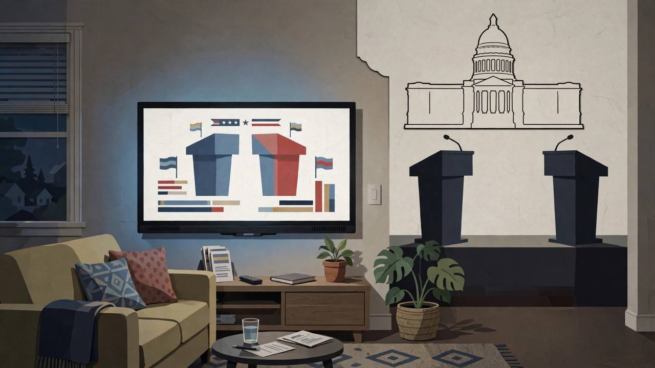 Editorial illustration of a generic campaign television advertisement and two empty podiums in Ohio — no real person is depicted