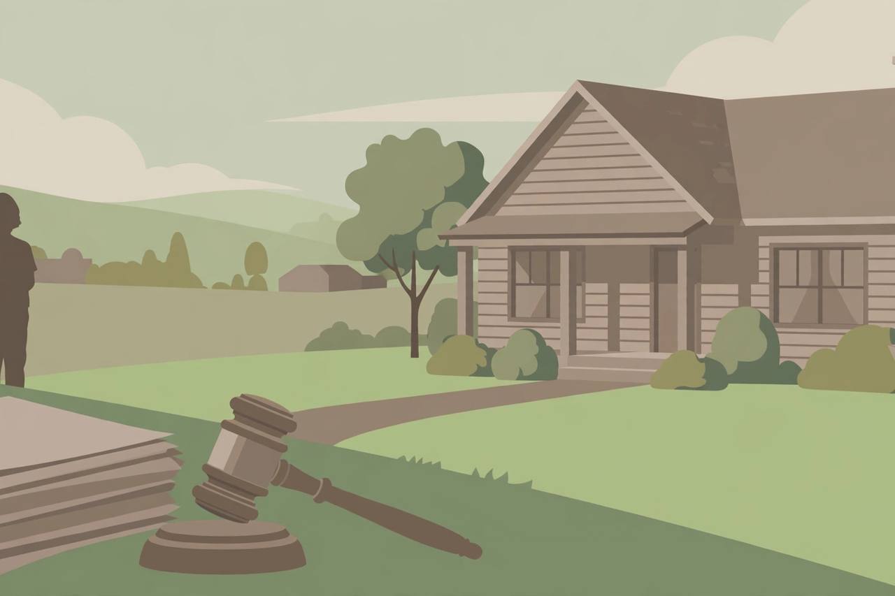 Editorial illustration of a suburban house, mortgage paperwork and a courthouse gavel, generic figures only, no real person depicted