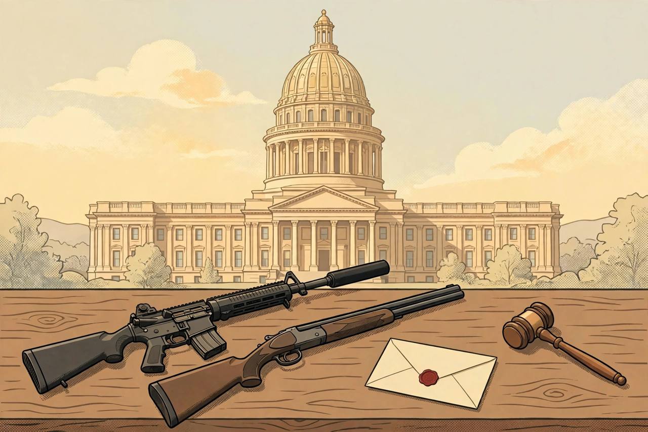 Editorial illustration of a suppressed rifle and a shotgun on a table in front of a state capitol, beside an official letter and a gavel; no real person is depicted