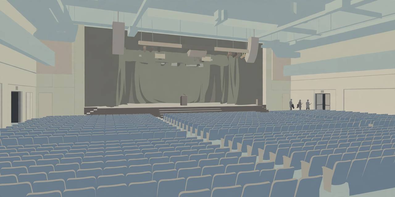 Editorial illustration of a generic empty arena in Ohio after a rally, flat style, no real person's face or likeness and no violence depicted