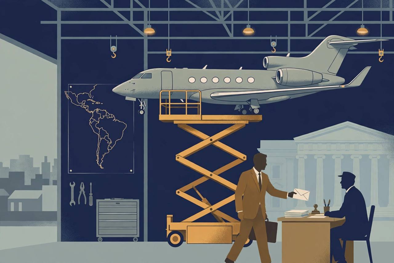 Editorial illustration of a business jet on a maintenance lift inside a Tulsa aircraft hangar, a generic businessman handing an envelope to an official at a desk, a Latin America map on the wall and a courthouse in the background