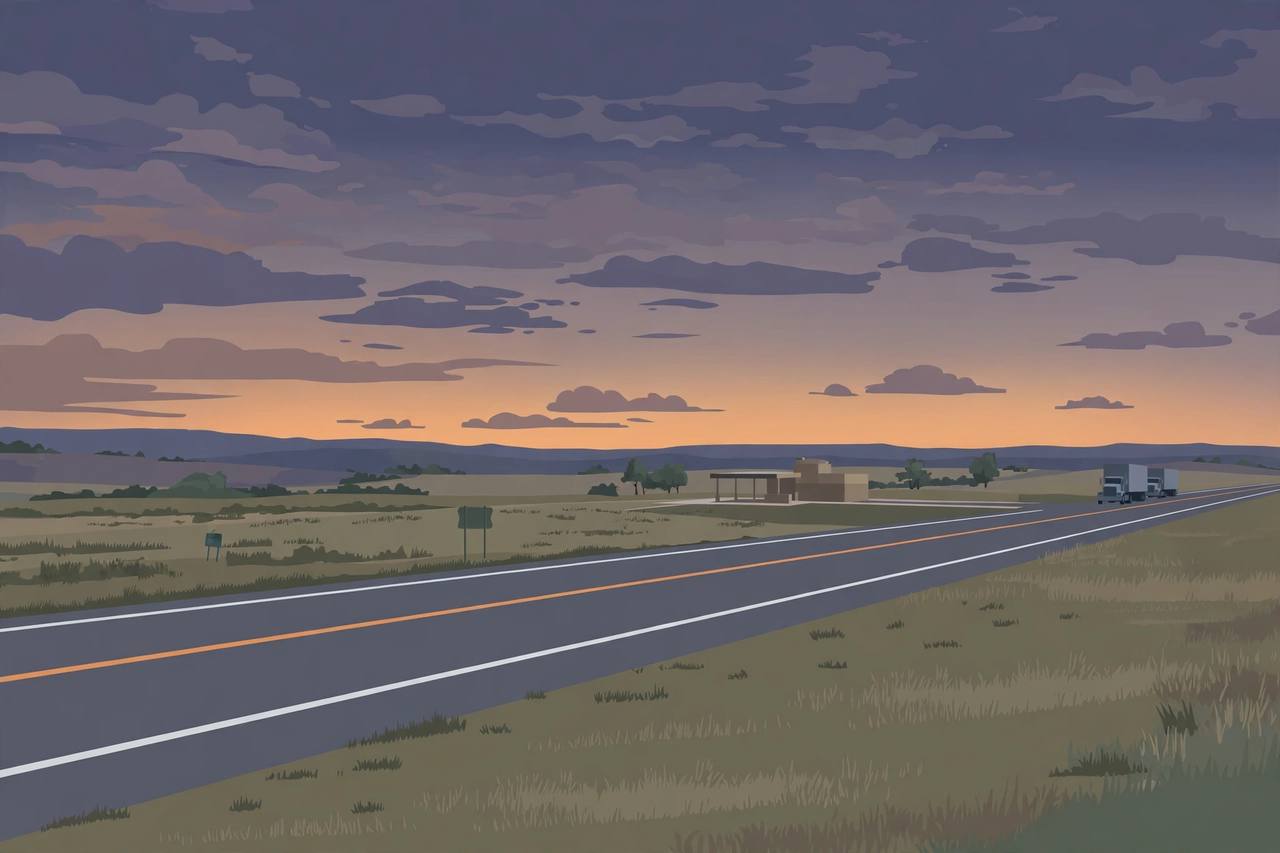 Editorial illustration of a rural interstate highway in southern Oklahoma at dusk with two generic semi trucks on the shoulder in the distance, a mile marker and a weigh station building, no crash or people depicted