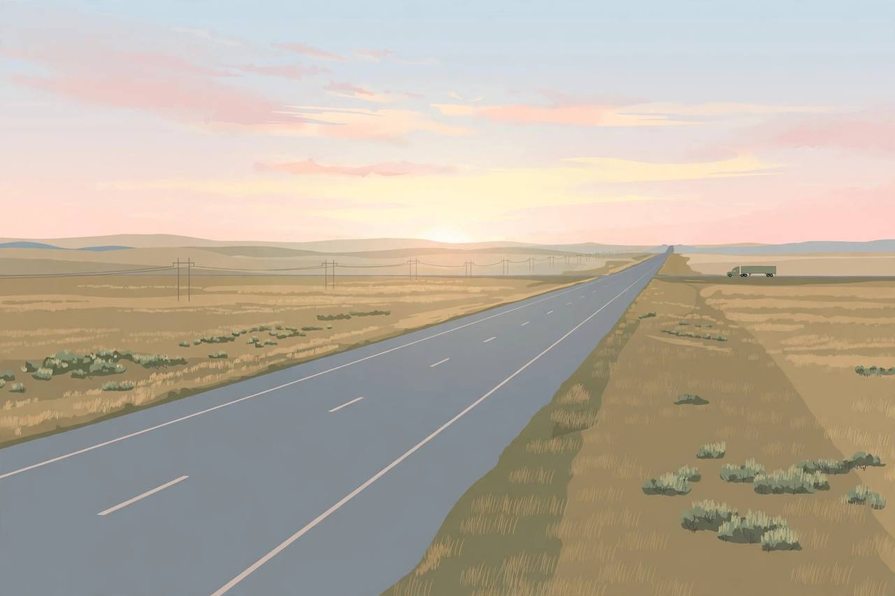 Editorial illustration of an empty generic Oklahoma interstate at dawn, flat style, no crash, no people, no real person depicted