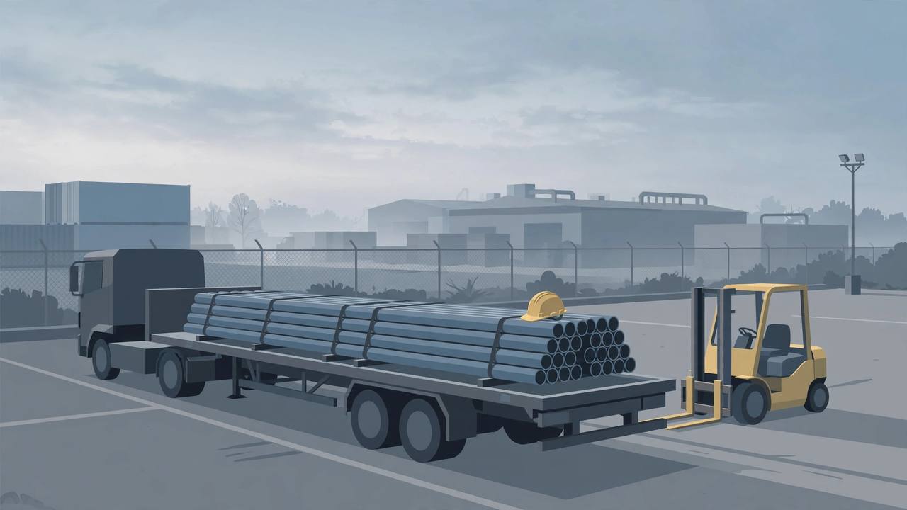Editorial illustration of a quiet industrial yard at dawn with an empty flatbed trailer loaded with steel pipes, a forklift and a hard hat resting on the trailer, flat style, no people, no text