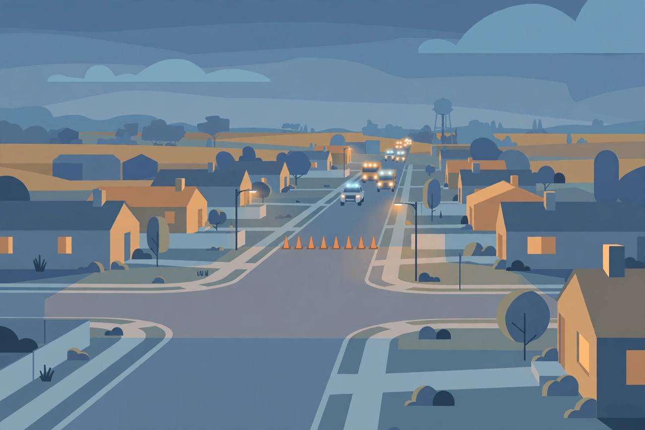 Editorial illustration of a suburban Oklahoma intersection at dusk with emergency vehicles with soft glowing lights in the distance and traffic cones closing a road, flat style, no people, no wreckage, no text and no real person's face