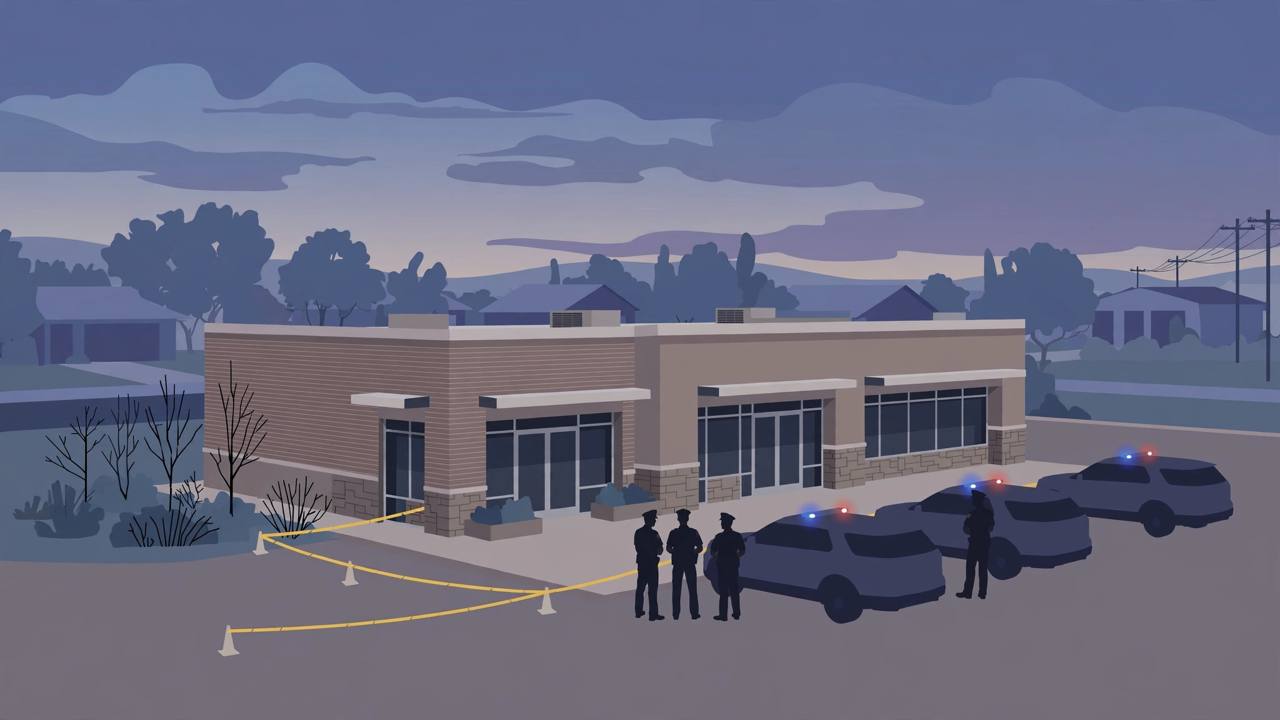 Editorial illustration of a generic bank branch in Oklahoma City with police vehicles outside during an investigation, flat style, no text and no real person's face