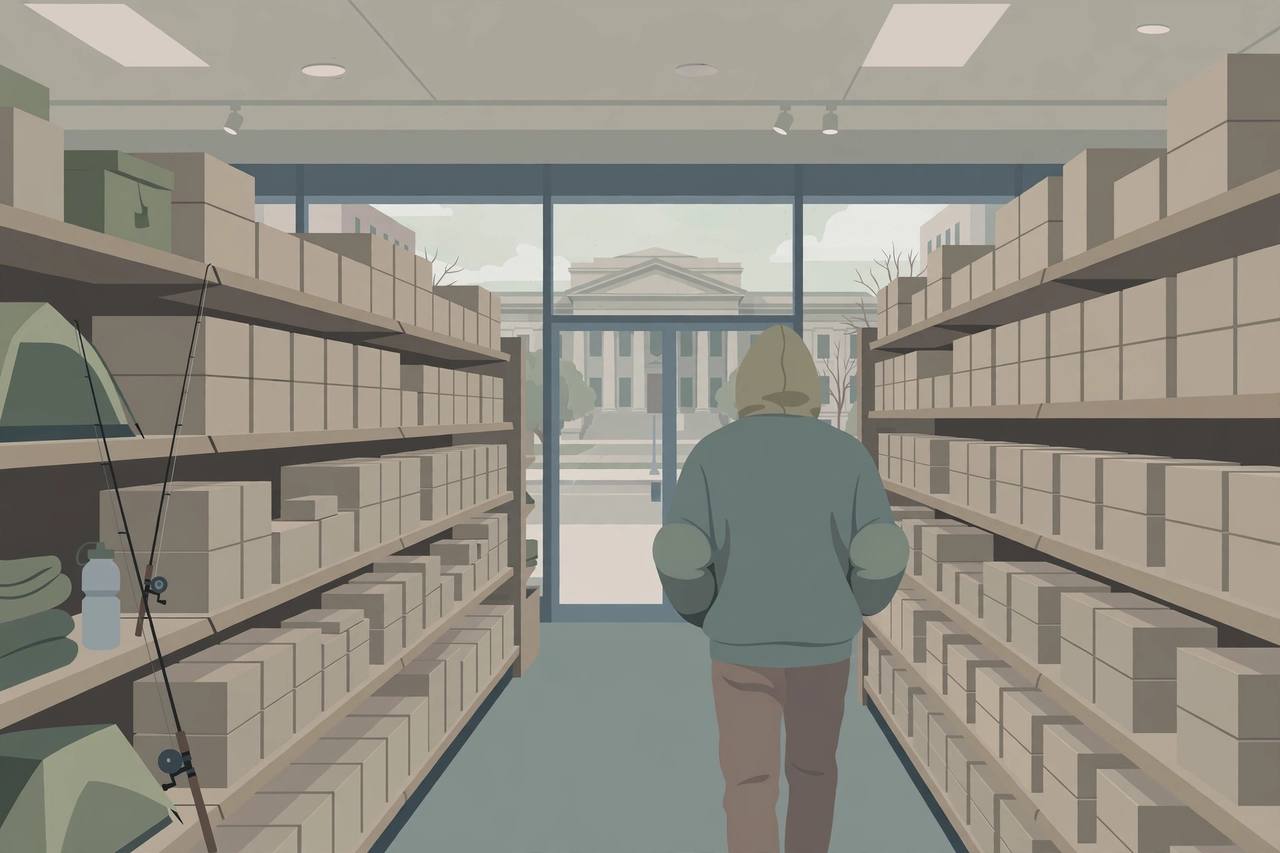 Editorial illustration of a sporting goods store aisle with plain ammunition boxes, a generic hooded figure with bulging pockets, and a federal courthouse in the background