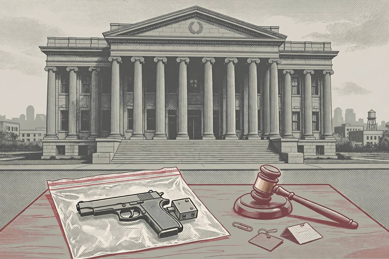 Editorial illustration of a generic courthouse with an evidence bag holding a handgun fitted with a conversion device and a judge's gavel in the foreground, flat style, no real person depicted