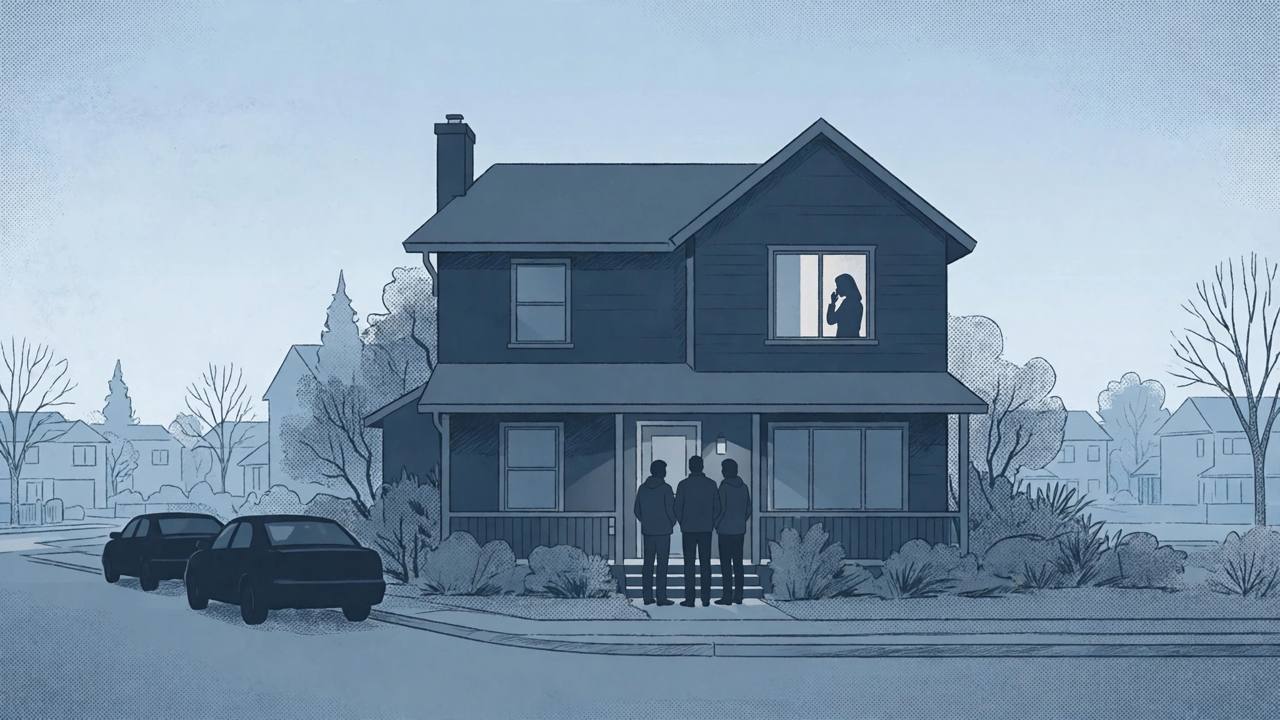 Editorial illustration of a generic suburban house at dawn with generic silhouetted figures at the door and generic unmarked cars, flat style, no real person, no text, no real place depicted