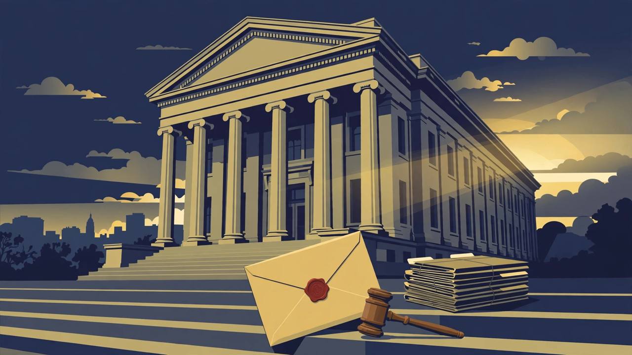 Editorial illustration of a federal courthouse with a sealed envelope, a gavel and legal folders on the steps