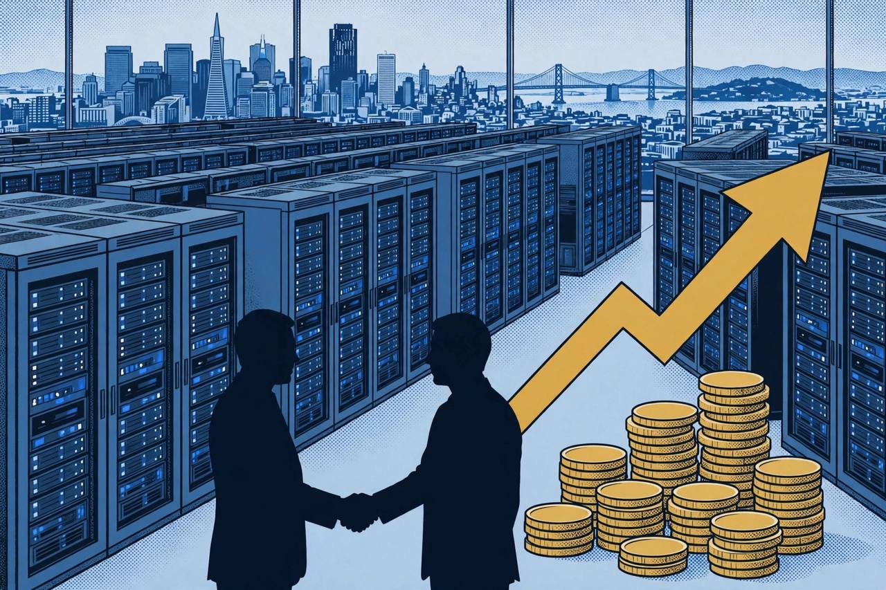 Editorial illustration of an AI data centre with rows of server racks, generic silhouetted business figures shaking hands, stacks of gold coins and a large upward arrow, with the San Francisco skyline in the background