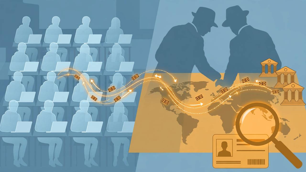 Editorial illustration of translucent ghost students at college desks with laptops, investigators tracing money trails on a world map toward overseas banks, and a magnifying glass over a student ID card