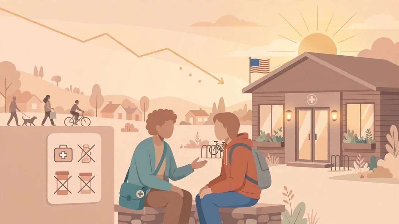 Editorial illustration of a counsellor talking supportively with a patient outside a small-town American health clinic at sunrise, with a gentle downward trend motif in the sky