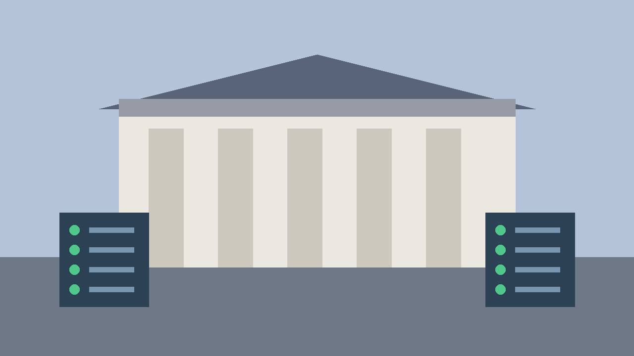 Editorial illustration of a generic government building and data servers, flat style, no people, no text, no real person or place depicted