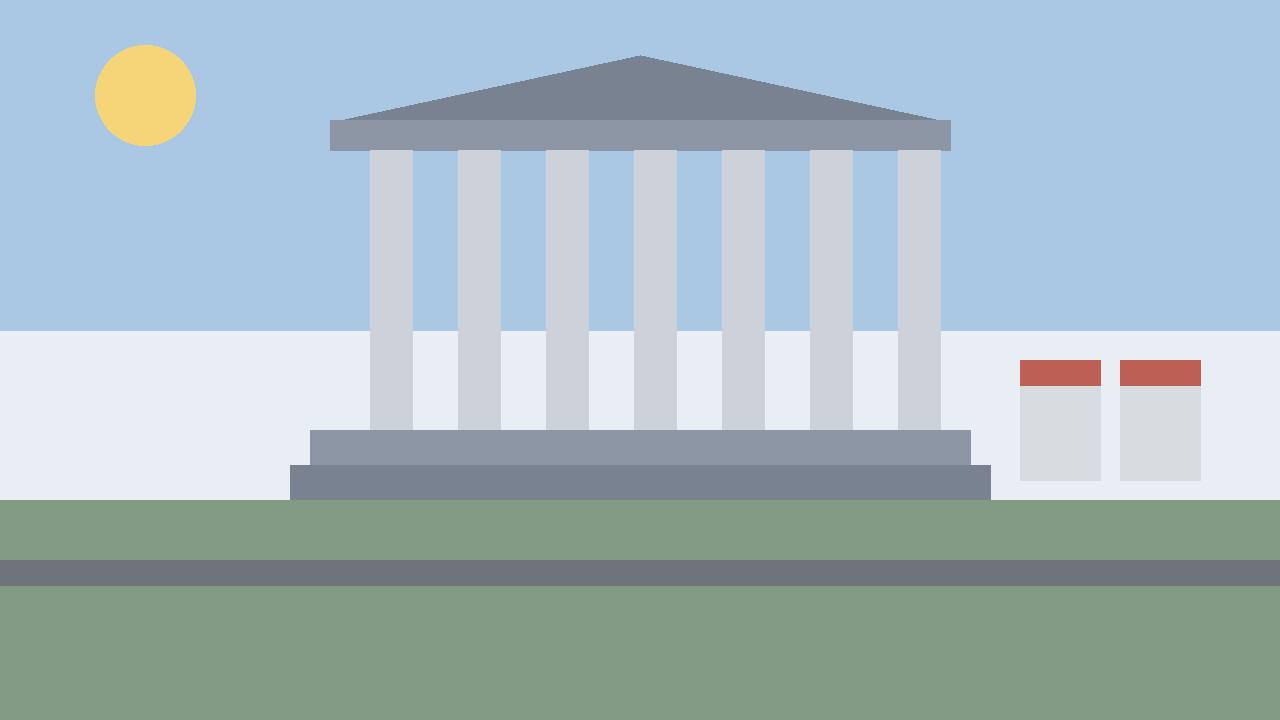Editorial illustration of a generic courthouse with a gavel and sealed evidence pouches, flat style, no text, no real person or place depicted