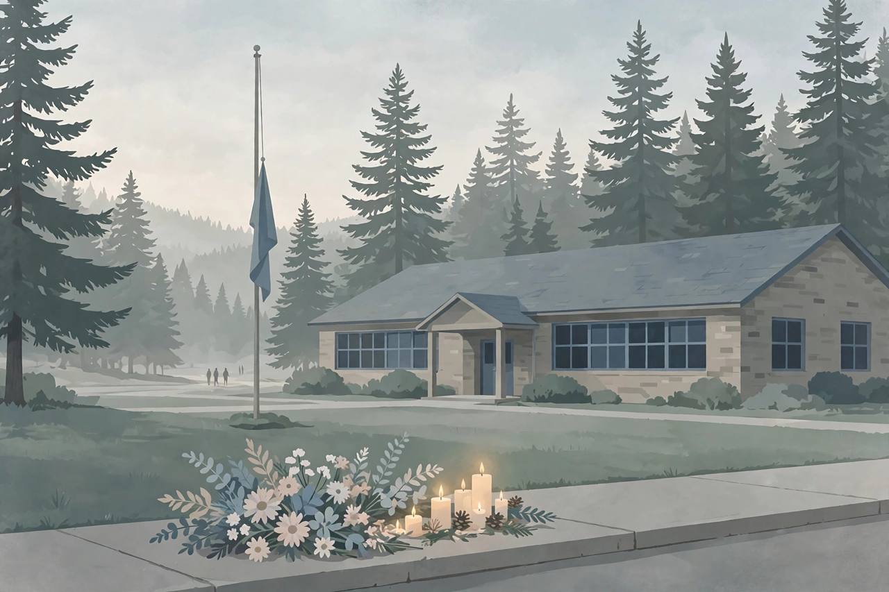 Editorial illustration of a quiet generic school building with flowers and candles at a sidewalk memorial and a flag at half staff, flat style, no real person or place depicted