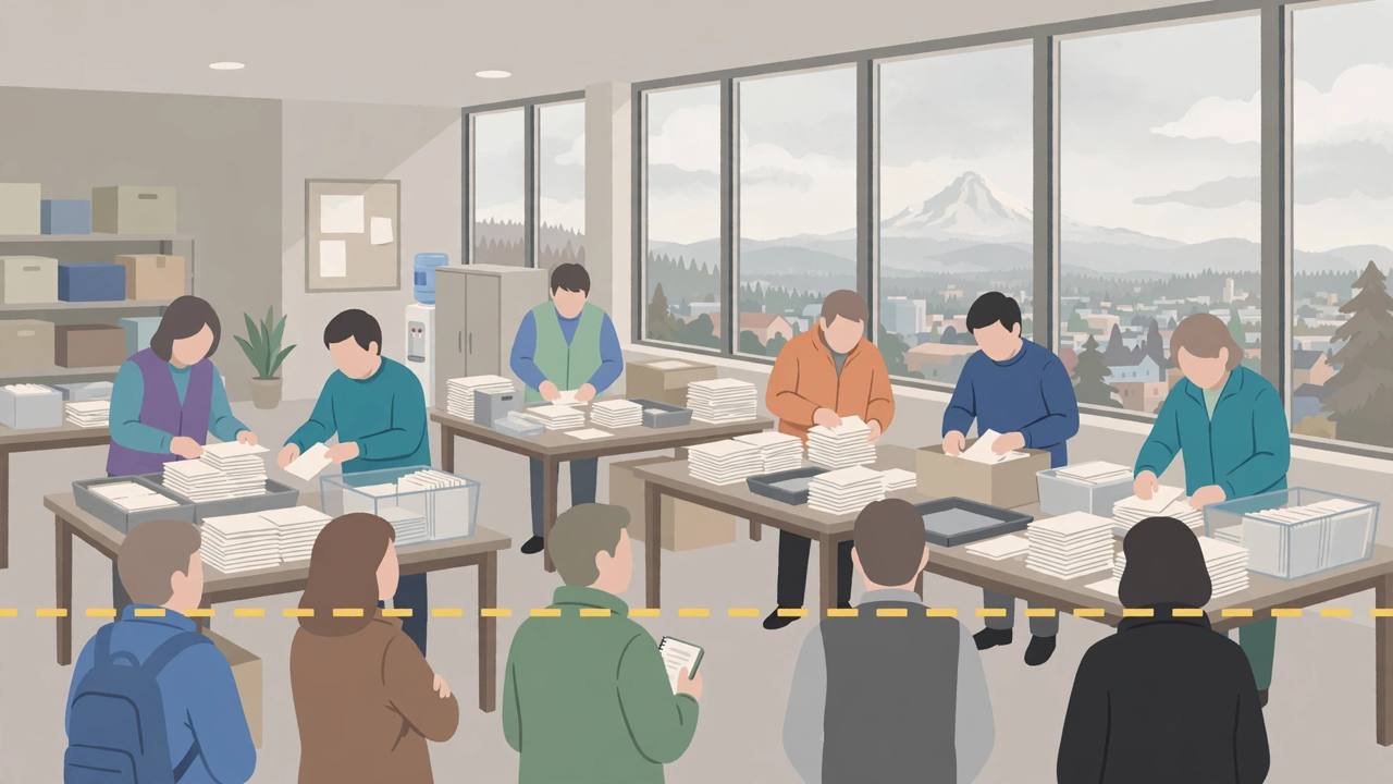 Editorial illustration of election observers watching county workers process ballot envelopes from behind an observation line, with Mount Hood visible through a window; generic figures only, no real person's face