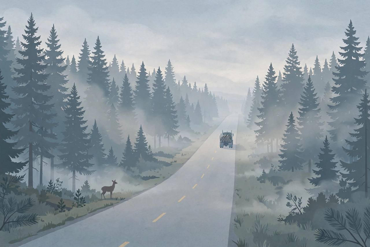 Editorial illustration of a quiet two-lane rural highway in eastern Oregon at dawn, with a logging truck in the distance, pine forest and a deer at the roadside