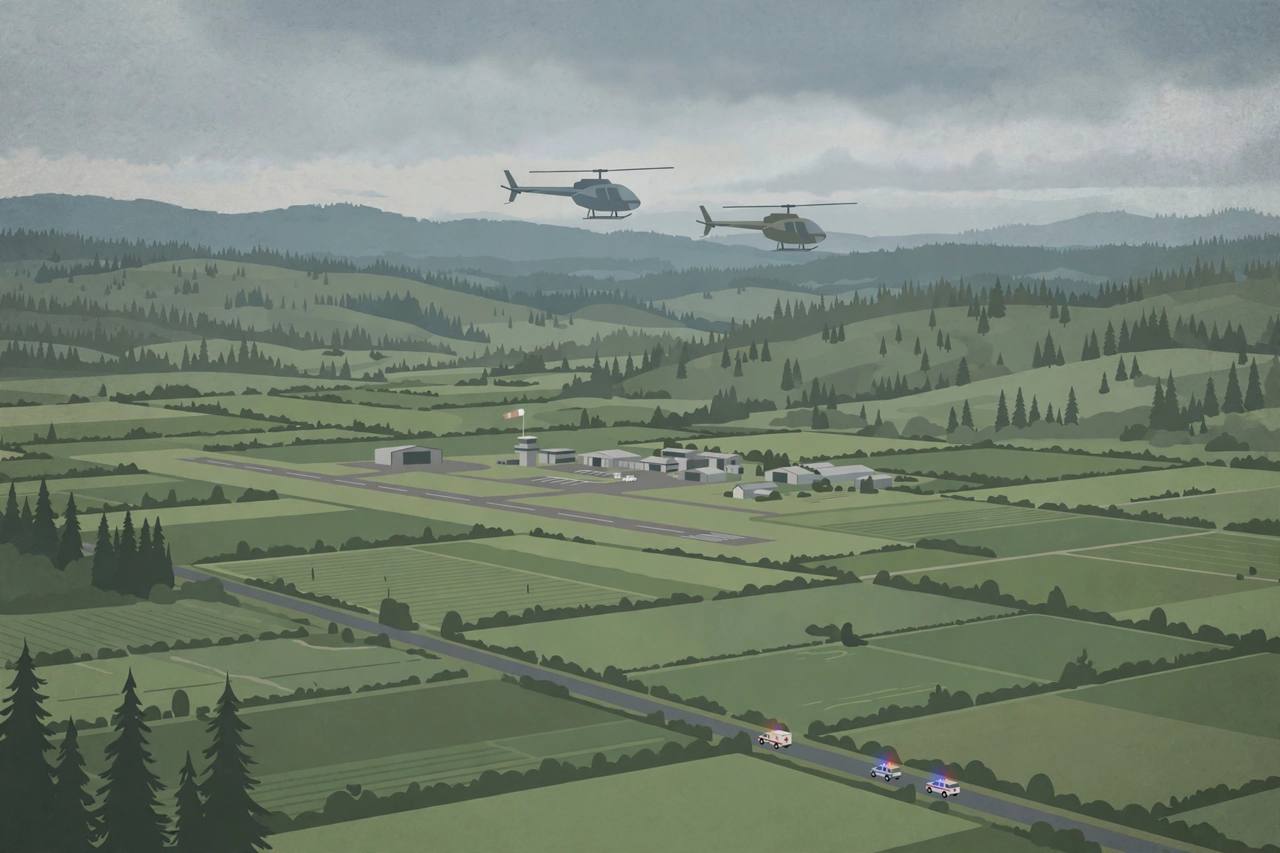 Editorial illustration of two helicopters above a small Oregon airport and farm fields, with distant emergency vehicles on a country road