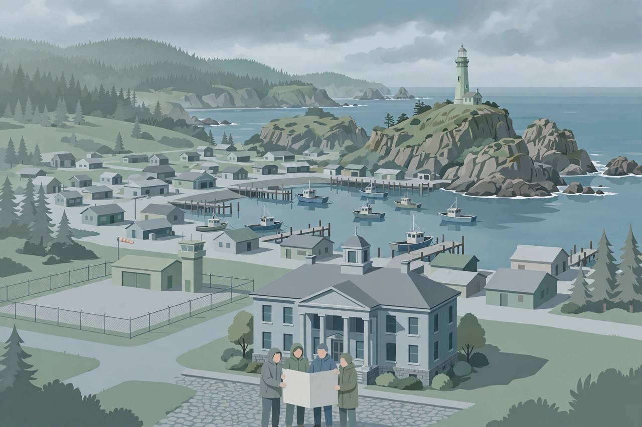 Editorial illustration of a small Oregon coastal town with a harbour, fishing boats, a lighthouse, a small airport and a courthouse, flat style, no real person depicted