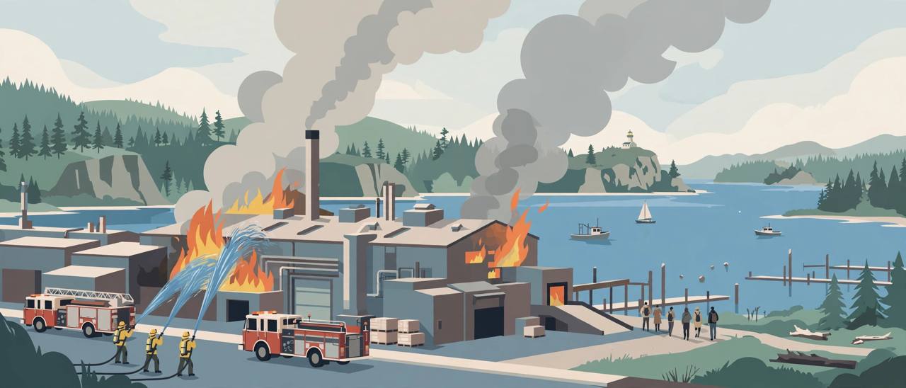 Editorial illustration of firefighters with hoses at a seafood processing plant fire on a harbour bayfront, smoke rising, generic residents walking to safety in the distance; flat style, generic figures only, no real person is depicted