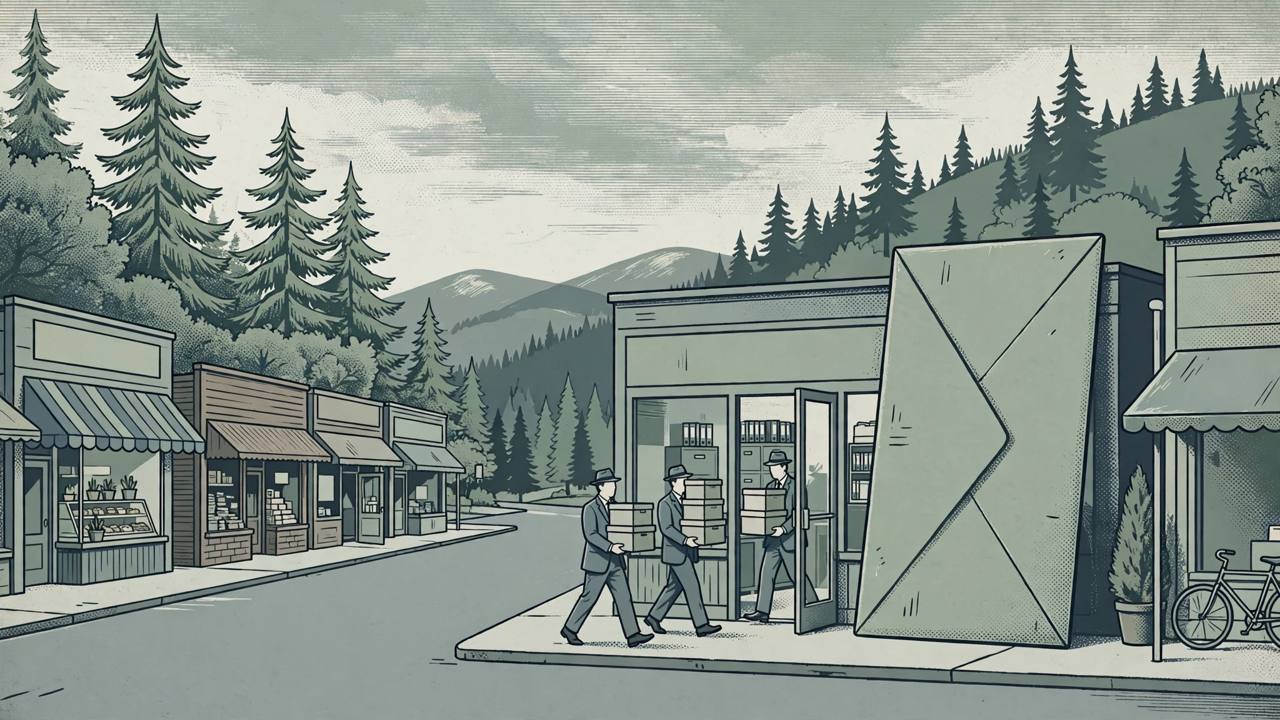 Editorial illustration of investigators carrying document boxes out of a small office on an Oregon main street lined with evergreen trees, beside an oversized demand-letter envelope