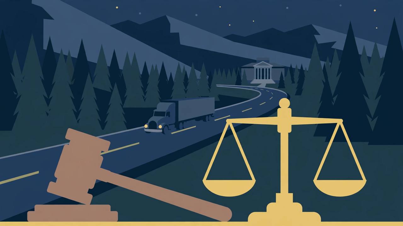 Editorial illustration of a gavel and scales of justice before a semi truck on a night highway in the Oregon pines, with a courthouse in the distance (Editorial illustration)