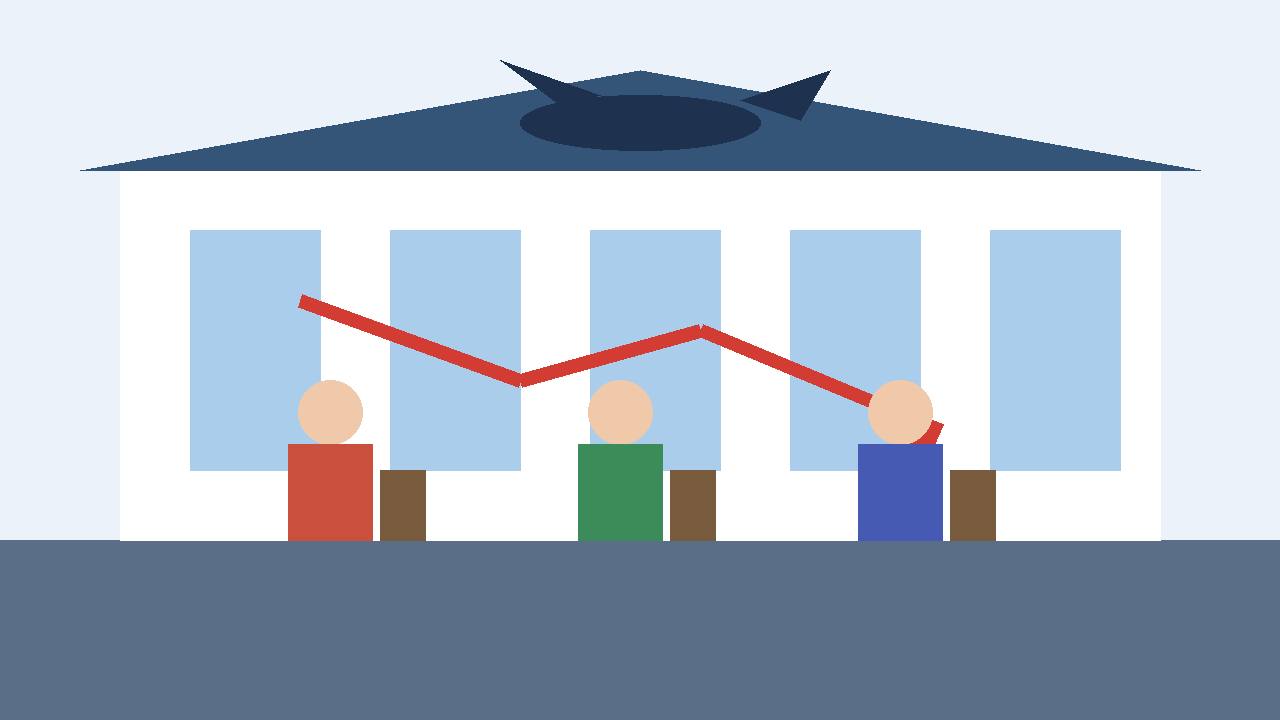Editorial illustration of an airport arrivals hall with a plane, generic travellers with suitcases and a downward arrow, flat style, no text, no real persons