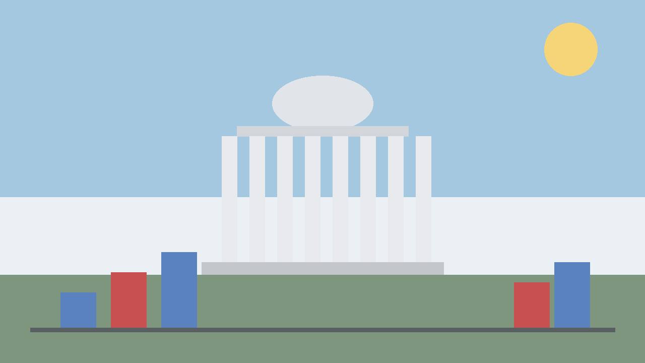 Editorial illustration of a generic domed capitol building and rising bar chart, flat style, no text, no real person or place depicted