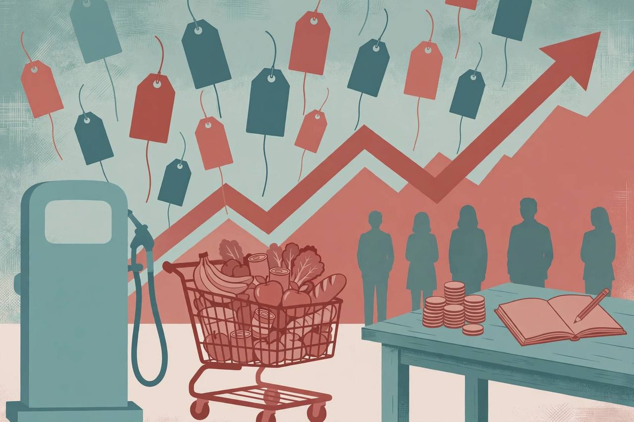 Editorial illustration of a grocery cart and fuel pump under rising price tags and a large upward arrow chart, with coins and a household budget notebook, representing US inflation in September 2026