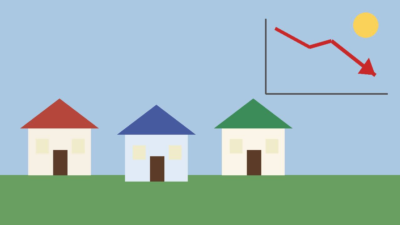 Editorial illustration of suburban houses with a falling red chart arrow, flat style, no text, no people's faces