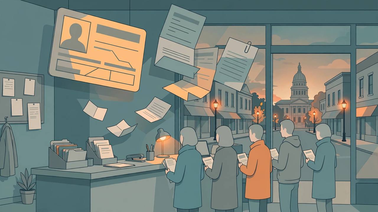 Editorial illustration of a small storefront tax preparation office in a Pennsylvania town with customers holding tax forms and a courthouse in the background