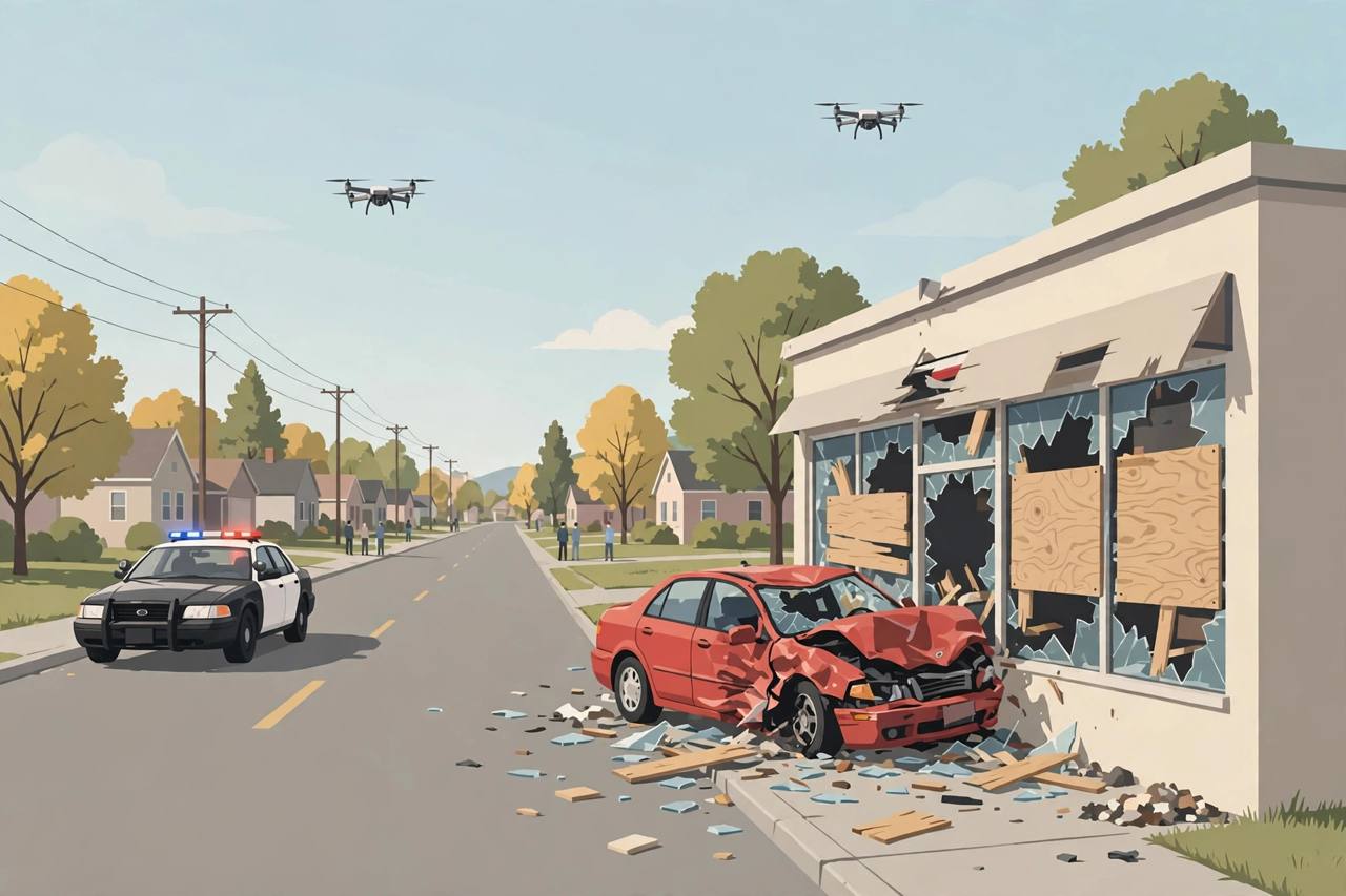 Editorial illustration of a red sedan crashed into the broken glass front of a convenience store, with a police car and two police drones nearby on a suburban Pennsylvania road