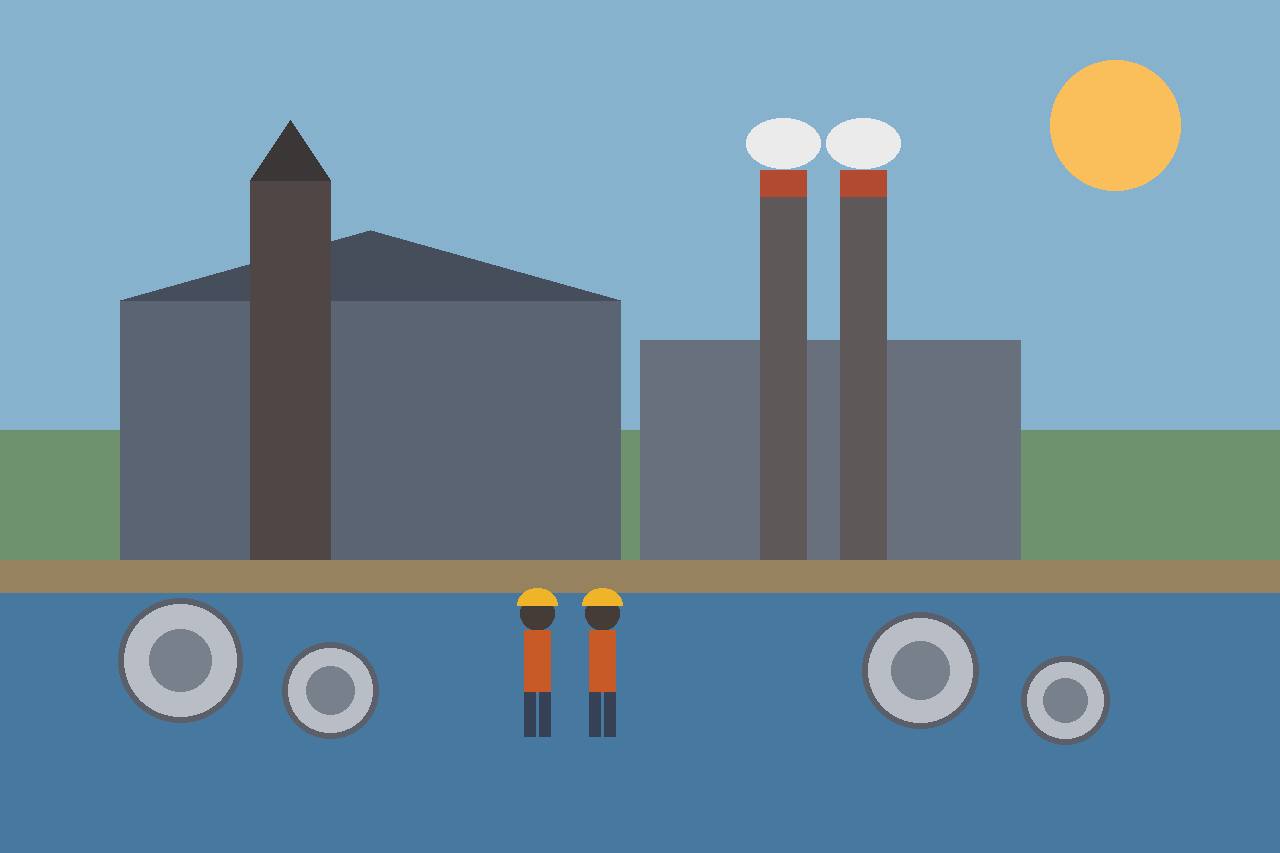 Editorial illustration of a steel mill with a blast furnace, smoking stacks, a river quay and large steel coils, with two generic workers in hard hats, flat style, no real person depicted