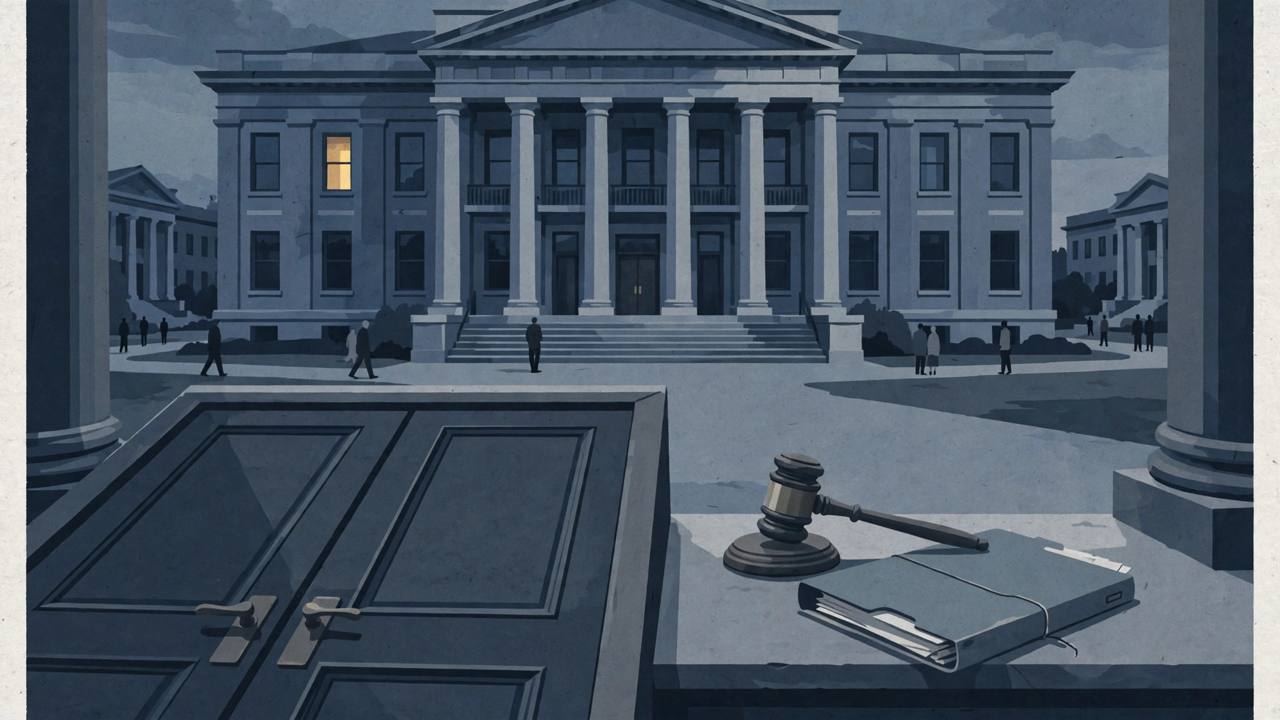 Editorial illustration of a generic American county courthouse at dusk with closed courtroom doors, a gavel and a closed case file, in muted navy and grey tones