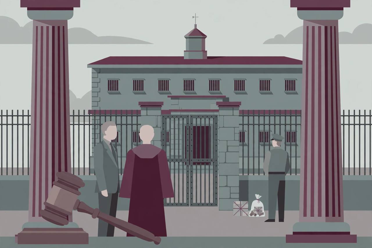 Editorial illustration of a generic county prison gate with courthouse pillars and a gavel in the foreground, flat style, generic figures only