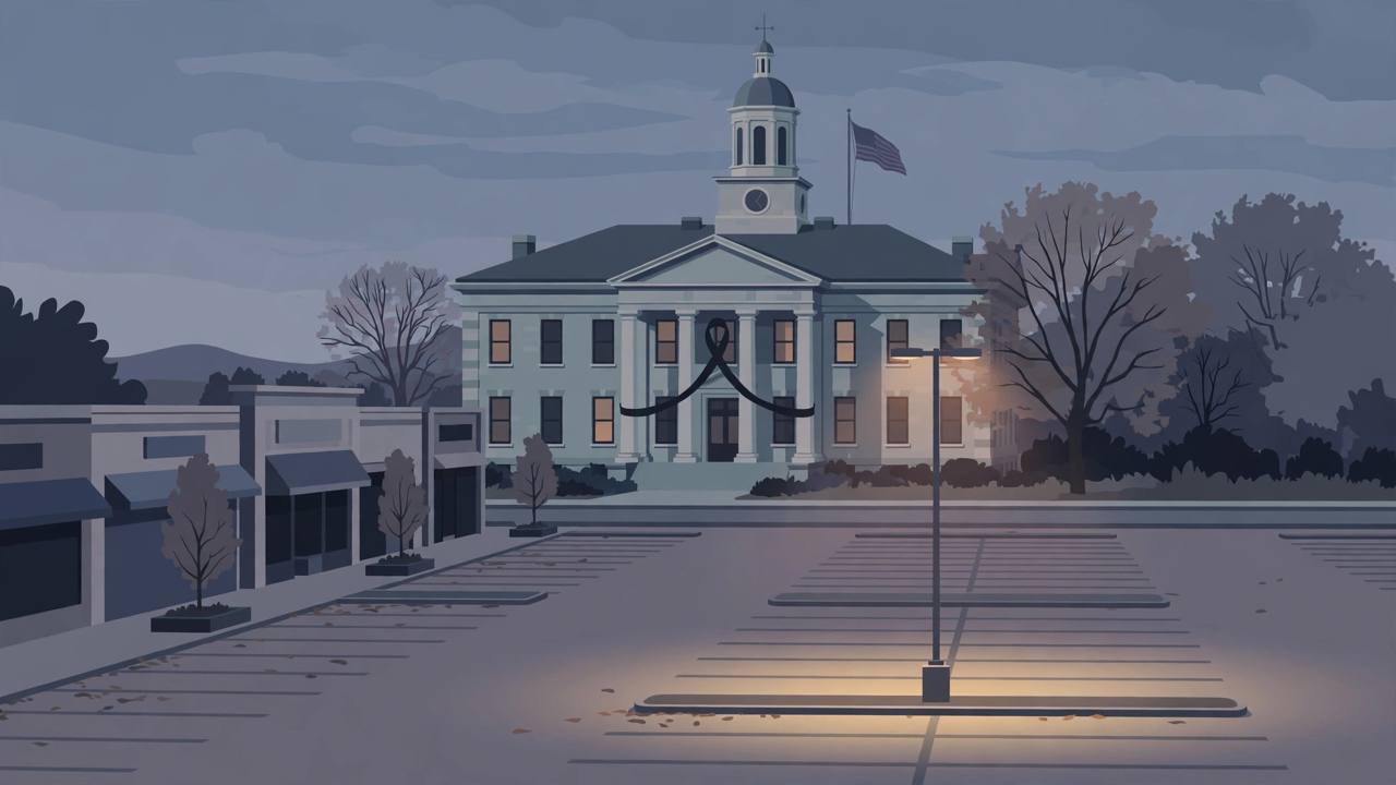Editorial illustration of a generic Pennsylvania county courthouse at dusk behind an empty suburban shopping plaza parking lot under a streetlight