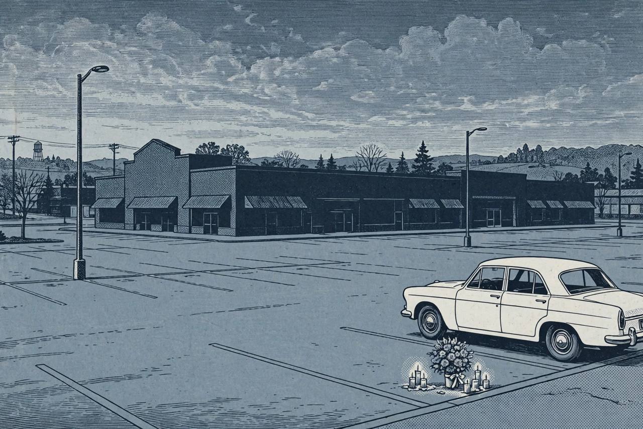 Editorial illustration of an empty store parking lot at dusk with a small flower memorial near a parked car, flat style, no people, no text