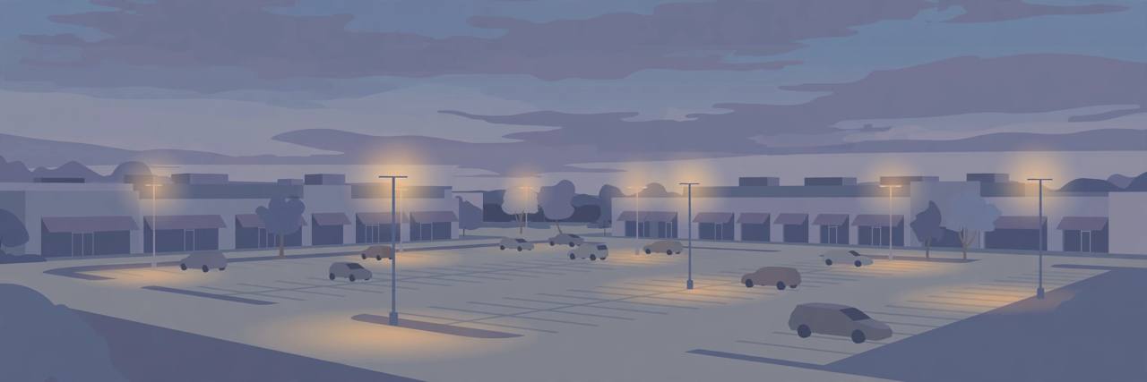 Editorial illustration of a generic suburban shopping plaza parking lot at dusk, flat style, no people, no logos, no real place depicted